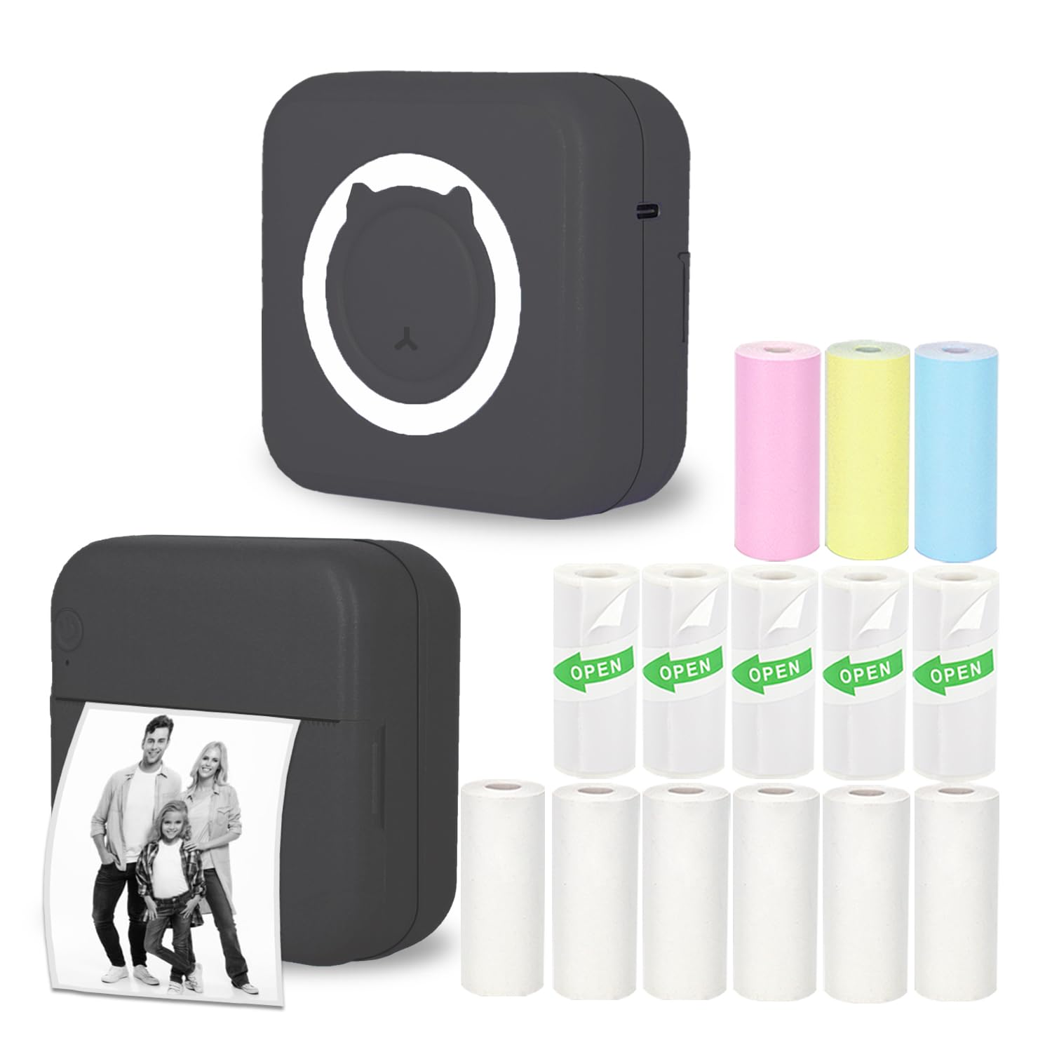 Vicbear Mini Thermal Printer Inkless Sticker Printer with 14 Rolls Paper Bluetooth Portable Printer for iPhone/Android Phone/Tablet Mini Pocket Printer for Photos/Stickers/Labels/Notes Black
